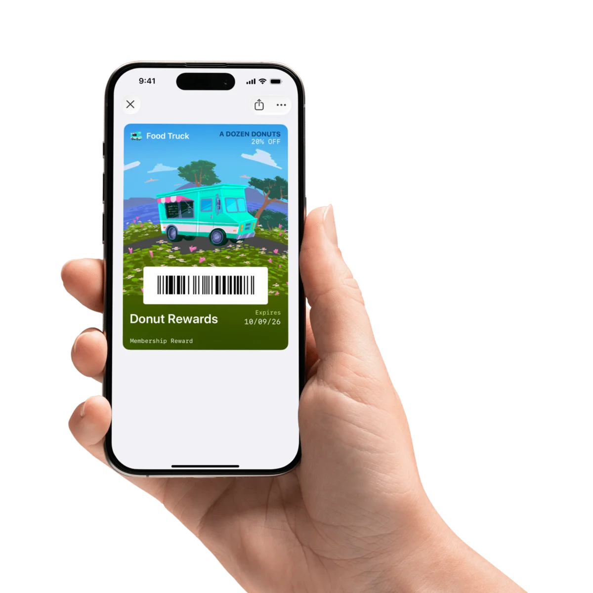 Hand holding a phone with a loyalty card